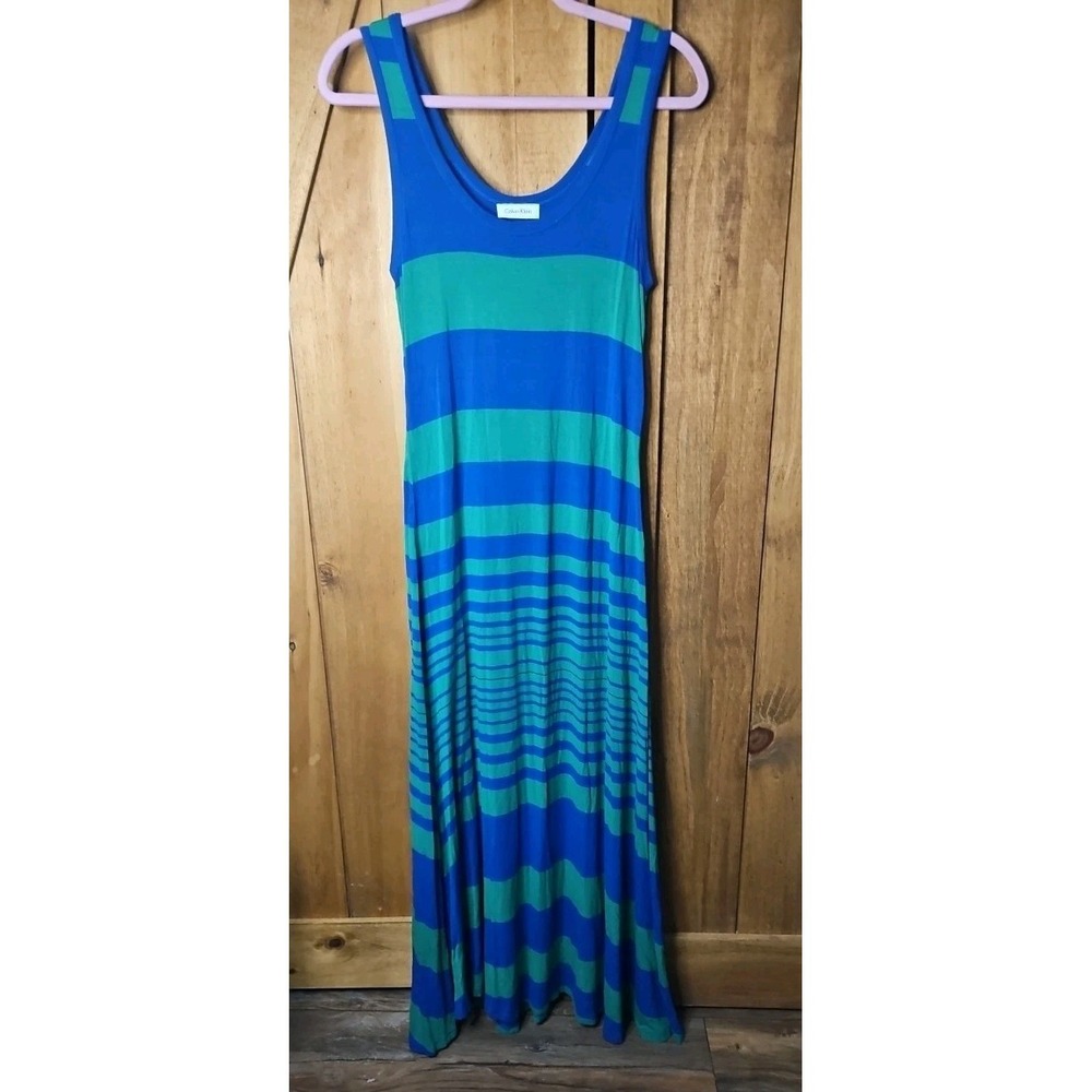 Calvin Klein Sz M Stripe Maxi Tank Dress‎ Green Blue Prep Country Club Chic #618